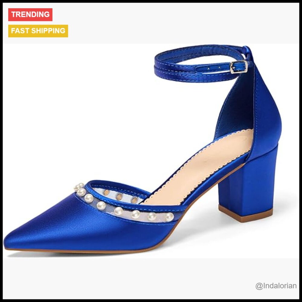 Pearl Chunky Heels Wedding Shoes Closed Pointed Toe Ankle Strap Satin Pumps